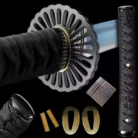 Nice Set Katana Tsuka Handle Steel Tsuba Guard Alloy Kashira Menuki Fuchi Habaki Seppa For Real Japa