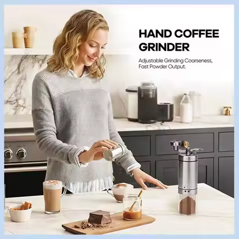 AS63-1 PCS Manual Coffee Grinder, Silver Stainless Steel With Foldable Handle, Adjustable Coffee Bea
