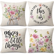 Colorful Flowers Butterfly "Sweet Home" Pattern Pillow Cover 40x40/45x45/50x50/60x60cm Linen Pillow 