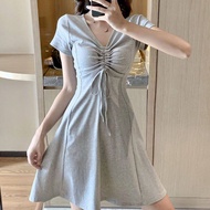 Short sleeve dress 2023 summer new style style middle and long style student casual waist show thin 