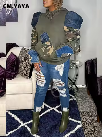 CM.YAYA Women Streetwear Camouflage Safari Style Puff Long Sleeve Hooded Pullover Sweatshirts Hoodie