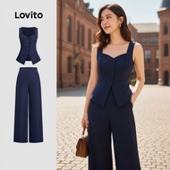 Lovito Women's Elegant Pants Set, Navy Blue Trousers, Spring/Summer Commute Outfit LBL26213
