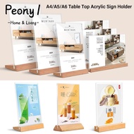 PEONY1 Table Top Sign Holder, Acrylic A4/A5/A6 Menu Display Stand, High Quality with Wood Base Double Sided Picture Card Frame Wedding
