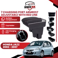 HONDA JAZZ 2002-2007 ARMREST ADJUSTABLE 7 USB CHARGING PORT  WITH RED LINE