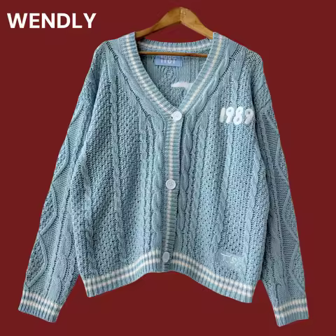 Autumn 1989 Blue Cotton Knitted Cardigan Women 2023 Casual Sweater Mujer Winter Slight Strech Loose 