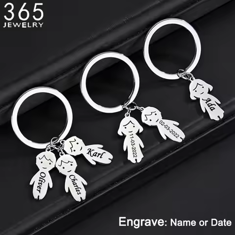 365 Stainless Steel Silver Color Boy Girl Keychain Custom Personalized Pendant Engrave Name Date Key