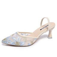 Fall/Winter 2025 Neo-Chinese Style White High Heel Mules, Pointed Toe, Lace Embroidery, Convertible 