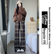 YFS | High Waist Loose Fit Fleece Lined Plaid Straight Leg Pants Womens Spring Autumn Winter Tassel