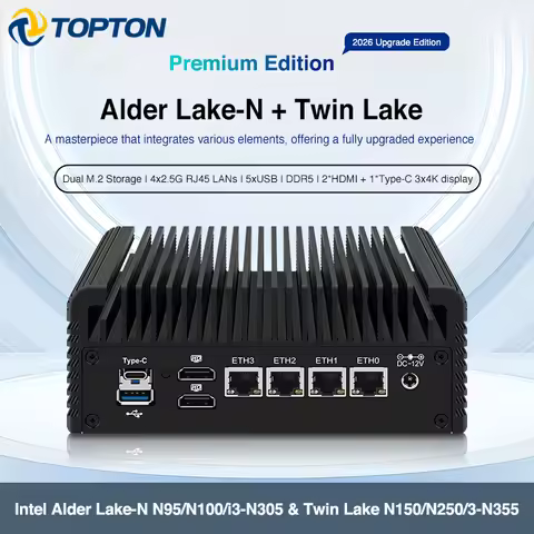 Topton Solid Firewall Intel i3 N355 N305 8 Core 4xi226-V 2.5G Mini PC N95 DDR5 2xNVMe Fanless Soft R