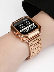 1入組玫金商務風格金屬錶帶，連1入米色裝甲矽膠保護套，適用於蘋果手錶42mm、38mm、40mm、41mm、44mm、45mm、49mm系列超2、超SE2、SE 9 8 7 6 5 4 3 2 1智慧手錶更換錶帶男女適用