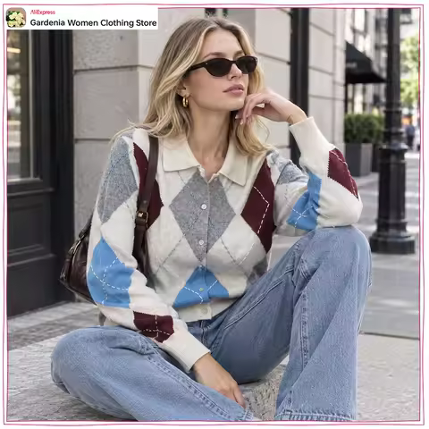 Elegant Fashion Women's Diamond Pattern Cardigan New Autumn Multicolored Polo Collar and Long Sleeve