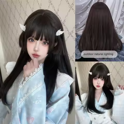 22Inch Black Lolita Hime Cut Synthetic Wigs with Bang Medium Natural Straight Hair for Women Daily U