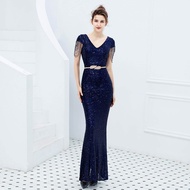 new arrival elegant long sequins evening party dress fashion short sleeve pure color maxi dress form