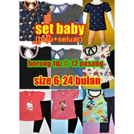 BORONG/WHOLESALE 1dz @ 12 pasang, Set Baju Baby 6-24 Bulan, Baju Budak Perempuan, Baju Dan Seluar 1 Set