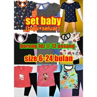BORONG/WHOLESALE 1dz @ 12 pasang, Set Baju Baby 6-24 Bulan, Baju Budak Perempuan, Baju Dan Seluar 1 