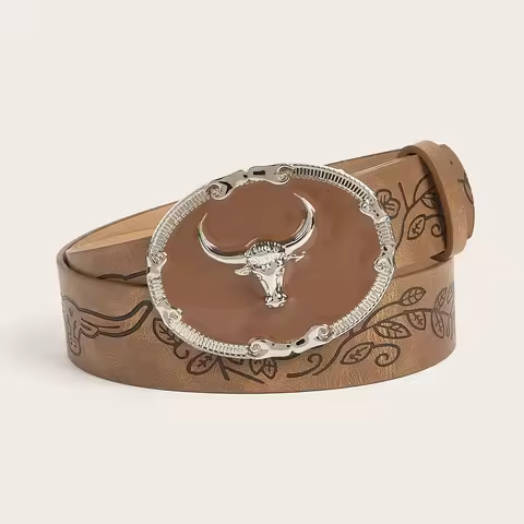 Western cowboy wind cowhead buckle embossed PU belt