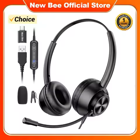 New Bee H368 Call Center Wired Headphones Rotatable Microphone with 3.5mm Type C Adapter for Office 