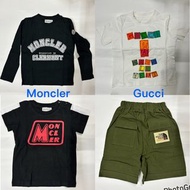 $200=All圖中全部👆🏻全新童裝男仔衫🤗moncle黑色短袖Tee 長袖T恤、Gucc the north face 北面聯名雙袋工裝短褲 軍綠色 👦🏻Gucc白色短袖tee😎夏天衫 夏季 兒童 