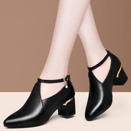 Genuine Leather Chunky Heel Womens Shoes Spring New Style Middle-Aged Mom Work Shoes Korean Style ro