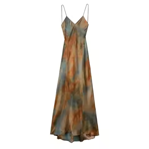 Summer New Women's Versatile Strap V-ne Silk Satin Print Dr High Waist A-line Skirt Long Svel Faion 