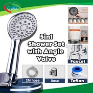CJQ 5in1 Silver Handheld Shower Head with Hose Holder Two Way Faucet Full Set 5 Spray Nozzle Holder
