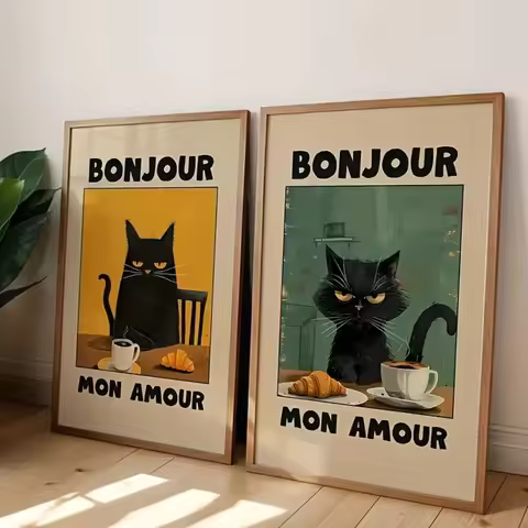 2pcs/set Frameless Funny Black Cat Coffee Canvas Poster,Bonjour Mon Amour,Modern Living Room Kitchen