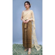 T-076 Golden Yellow + Brown Thai Dress 1-Layer Lace Blouse (2XL) Bust 44-43-47 Inches Set Length 51 