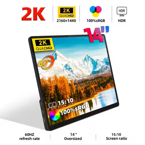ZSUS 2160*1440 14-inch 2K 60HZ Portable Monitor For Laptop XBox PS4 / 5 Switch TV Box Cell Phone PC 