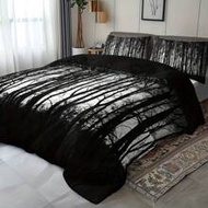 3pcs Black Tree Forest Print Quilt Cover Set, Including 1 Quilt Cover And 2 Pillowcases (Without Fil