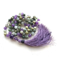 (stock in SG) Hand-knotted 108 8mm amethyst and green quartz mala beads yoga meditation necklace with purple tassel