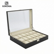 [SONONIA] 24-Slot Watch Box Leather Watch Box with Glass Lid Sturdy Organizer for Collectors, Dresse