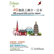 日本Softbank 5日4G 5GB之後3G無限上網卡電話卡SIM卡data