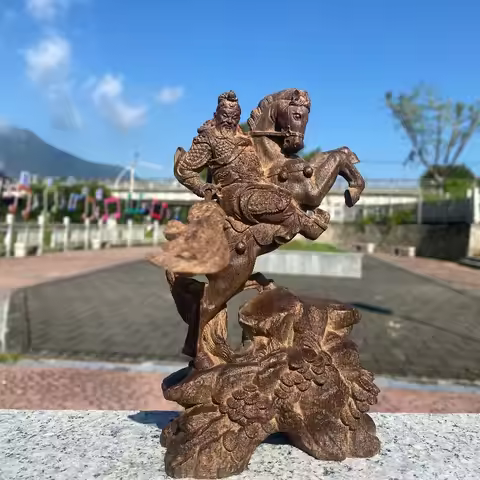 Hand-Carved Agarwood Guan Gong Statue - 7.1" Wealth God Guan Yu Riding Horse Figurine Home Car Decor