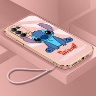 Cartoon Cute Stitch Casing OPPO Reno6 Z Reno 5 Pro 4G Reno 6Z Reno 6 Pro Plus 5G Square Plating Soft Silicone Phone Case Anti-drop Back Cover With Lanyard
