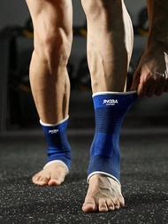 男士款藍色針織透氣踝關節壓縮護腿套一對，可用於跑步、遠足、籃球等運動保護
