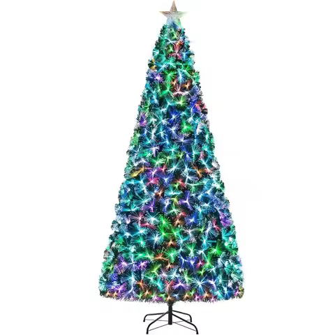 6-8-9-10ft Fiber Optic Christmas Tree, Pre-Lit Artificial Xmas Tree with Multicolor Changing Light, 