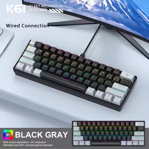 APAYADO K61 60% Mini Wired Gaming Mechanical Keyboard Phantom RGB, 61 Keys, Red/Blue Switch, Ergonom