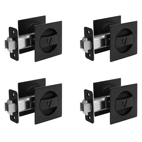 4X Pocket Door Lock, Matte Black Contemporary Privacy Square Pocket Door Hardware, Black Sliding Poc