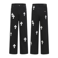 7ODO Chrome Hearts Four Seasons Cross Black White Patch Leather Embroidered Jeans Couple Style