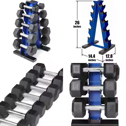 Rubber-Coated Hex Dumbbells Set 5-25Lb with A-Frame Storage Rack for Strength and Muscle Toning