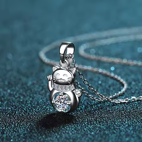 18K White Gold Platinum PT950 0.3ct Moissanite Cat Pendant Necklace for Women High Polished Finish J