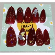 穿戴美甲(size s) almond medium handmade press on nails red chrome festive wedding Christmas jelly glue