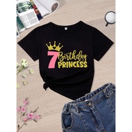 7Th Birthday Princess T-Shirt | Seven Years Old Glitter Crown Print Casual Summer Tee With Slight St