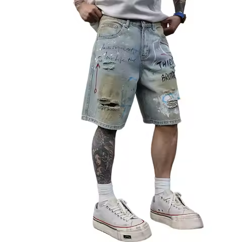 Men Graffiti Broken Hole Ripped Jeans American High Street Hip Hop Loose Casual Distressed Denim Sho