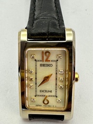 SEIKO EXCELINE Quartz ระบบถ่าน ตัวเรือนทองชุบ หน้าปัดมุข เพชรแท้ 11 เม็ด นาฬิกาผู้หญิง มือสองของแท้