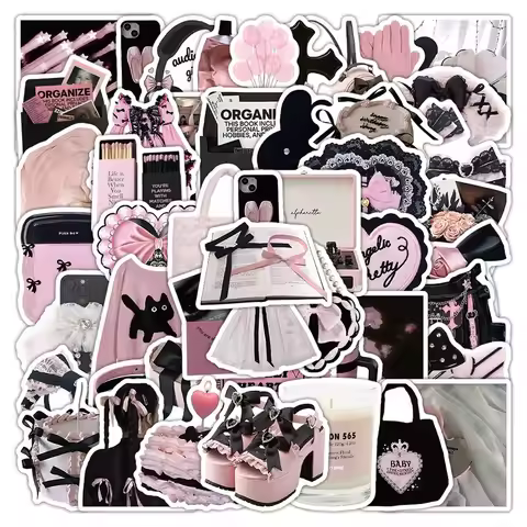 54pcs Black & Pink Minimalist Doodle Stickers | Instagram-Designed Waterproof Decals for Journals Re
