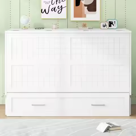 Queen Size Murphy Bed with Drawer & Side Shelves, White Finish