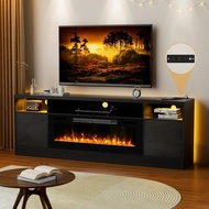 70'' Tv Stand, 36'' Fireplace-led Light Entertainment Center For 75 Inch Tv Black Tv Cabinet With St