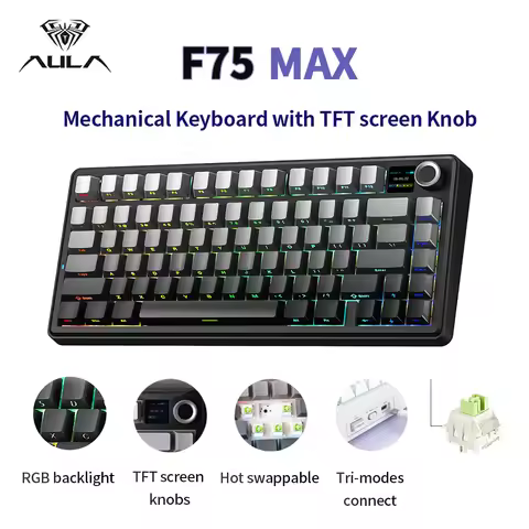 AULA F75 MAX Wireless Mechanical Keyboard with TFT Screen Knobs 75% Layout Hot Swappable RGB Backlig