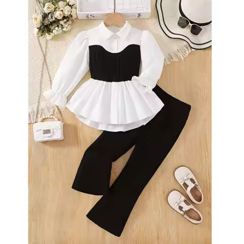 Girl's Knit Long Sleeve Shirt Top + Stretchy Knit Pants 2Pcs Set Casual Winter Outfit Toddler Kids C